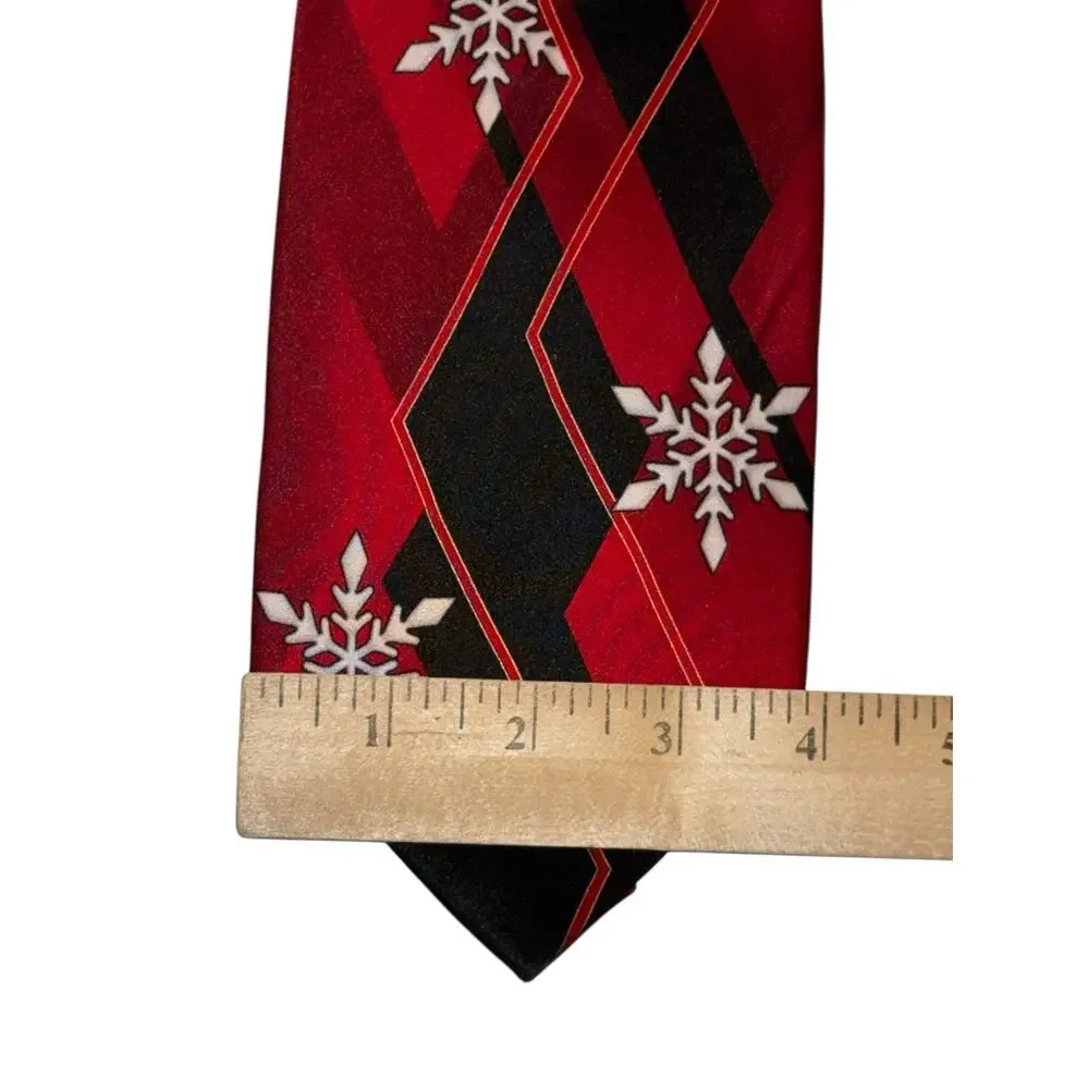 Vintage Holiday Snowflake Necktie Red Black Geometric Print Christmas‎ Party Tie